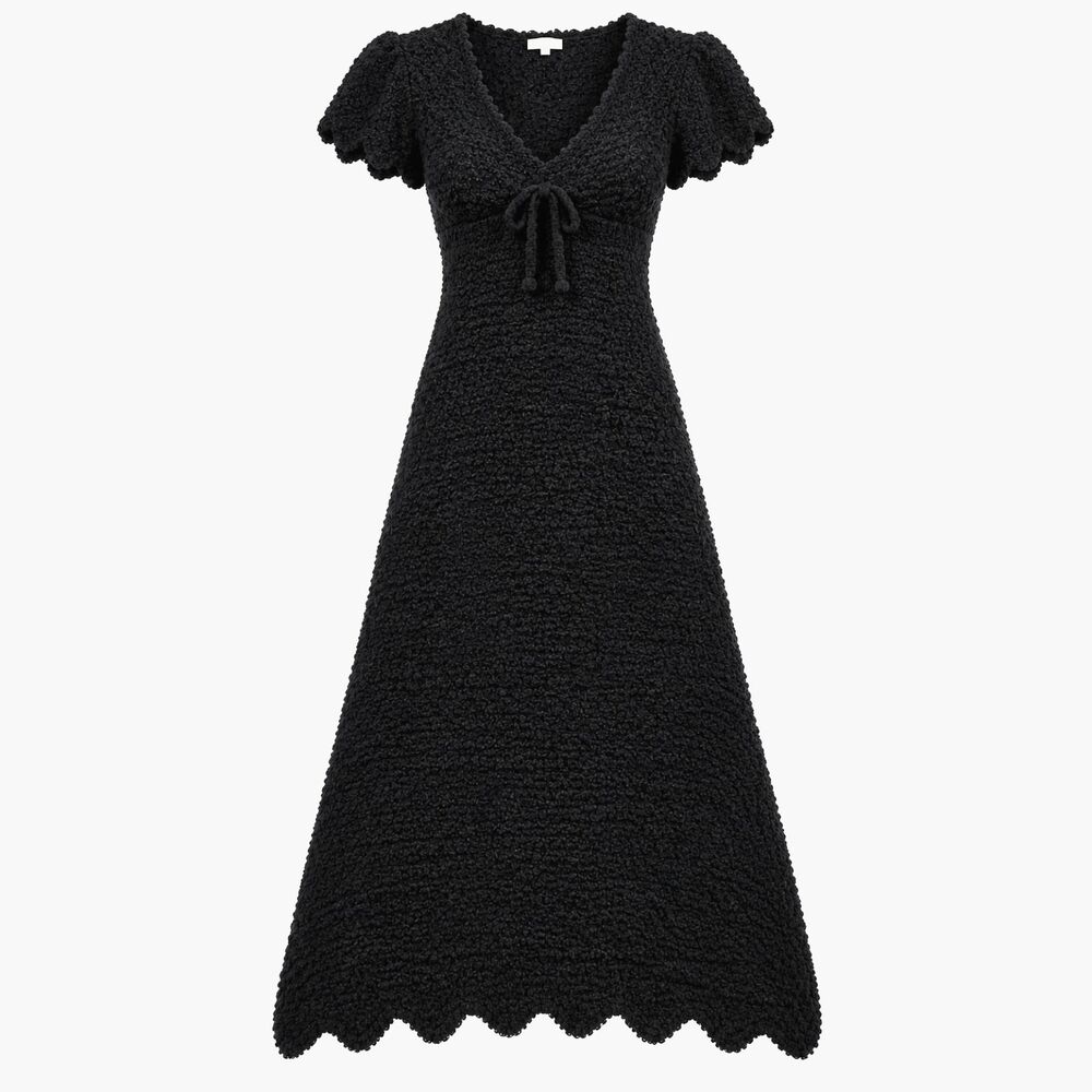POL Black Textured Fuzzy Knit Maxi Dress Scalloped Hem